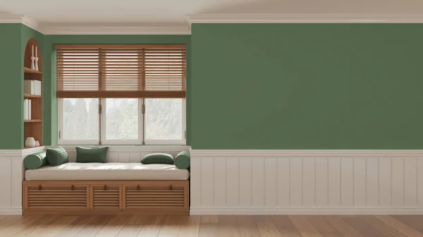 Vintage window with siting bench and pillows. Wooden venetian blinds, bookshelf and decors. Green walls with copy space for text. Modern interior design