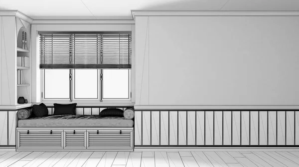 Blueprint unfinished project draft, classic window with siting bench and pillows. Wooden venetian blinds, bookshelf and decors. Walls with copy space for text. Modern interior design