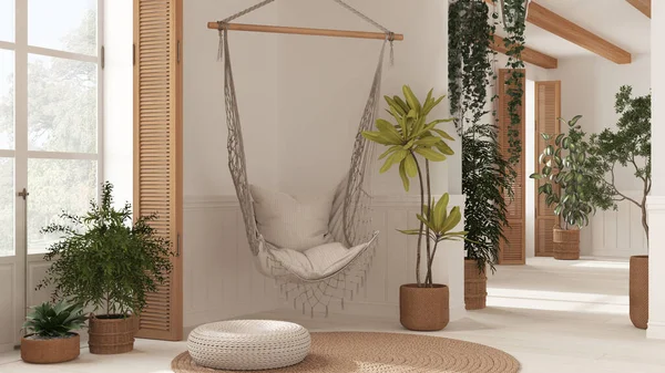Country White Living Room Rattan Potted Plants Lace Hanging Chair — Stockfoto