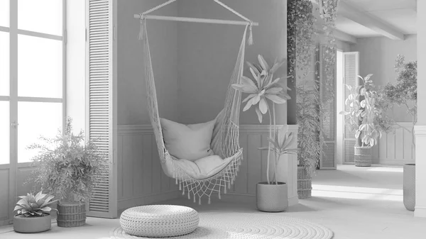Total White Project Draft Country Living Room Rattan Potted Plants — Stockfoto