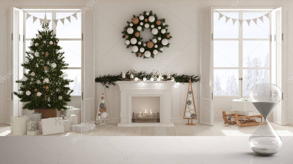 White table or shelf with crystal hourglass measuring the passing time over Christmas living room with tree and fireplace, architecture interior design, copy space background