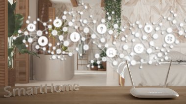 Wi-Fi wireless router on wooden table, smart home, geometric background with connected line and dots showing internet of things system, home automation concept over boho bedroom