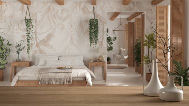 Tahta masa ya da raf, bohem ahşap yatak odasının üzerine minimalist modern vazolar serpiştirilmiş, Akdeniz mimarisi iç mimarisi.