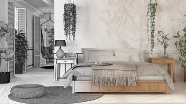 Mimari iç mimar konsepti: elle çizilmiş tamamlanmamış proje gerçek, çiftlik evi ahşap yatak odası Boho tarzı. Yatak ve saksı bitkileri. Panjurlar ve duvar kağıtları