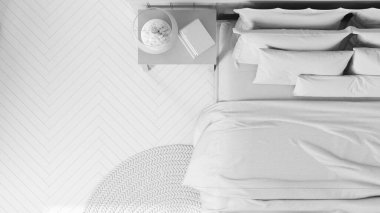 Beyaz proje taslağı, çiftlik evi tarzı yatak odası. Herringbone parke ve yuvarlak jüt halı. Manzara, plan, yukarısı. Bohem klasik iç tasarım