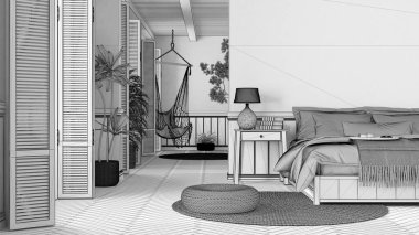 Tamamlanmamış proje taslağı, kırsal yatak odası boho tarzında kapanıyor. Yatak, sallanan sandalye ve saksı bitkileri. Panjurlar ve duvar kağıtları. Bohem klasik iç tasarım