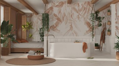 Bohemian wooden bathroom and bedroom in boho style in white and orange tones. Bathtub, bed and towel rack, potted plants. Tropical wallpaper. Country vintage interior design