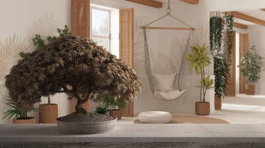 Çiçek açan saksılı ahşap masa rafı bej yapraklar, çiçekler, kırsal oturma odasının üzerinde rattan saksısı bitkileri ve dantel sallanan sandalye, mimari konsept.