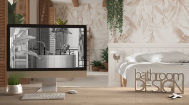 Mimari tasarım proje konsepti, anahtarlı ahşap masa, 3 boyutlu harfler banyo tasarımı ve masaüstü taslağı, arka planda taslak CAD taslağı, boho iç tasarım