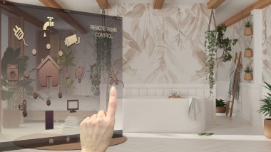 Akıllı ev kontrol konsepti, mobil uygulamadan el kontrollü dijital arayüz. Arka planda bohem ahşap banyo Boho tarzında görünüyor. Küvet, mimari iç tasarım