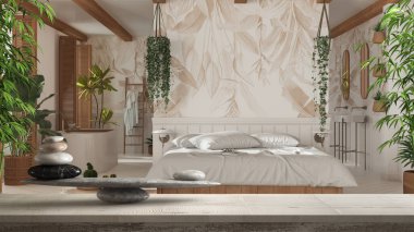 Bohem yatak odası ve banyosu üzerinde taş dengeli ahşap bir masa ya da raf. Yatak, küvet ve saksı bitkileri, feng shui, zen konsepti iç mimari