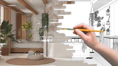Blueprint project draft, sketch of bohemian wooden bathroom and bedroom in boho style, design concept idea, chest of drawers and decors, marine custom furniture