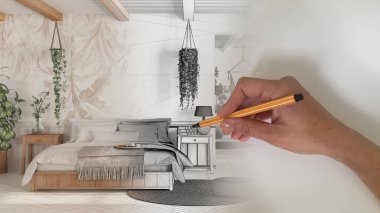 Architect interior designer concept: hand drawing a design interior project while the space becomes real, bohemian wooden bedroom in boho style, double bed