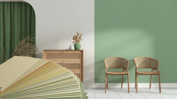 Color palette close up sample. Paint selection catalog over interior design scene, living waiting room with rattan armchairs and wooden sideboard in green tones, plaster walls