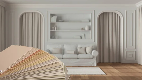 Color palette close up sample. Paint selection catalog over interior design scene, neoclassic living room, sofa, molded walls with bookshelf. Arched doors with curtains