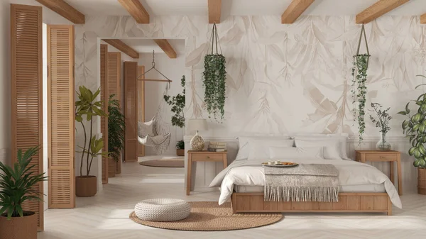 Bohemian Wooden Bedroom Boho Style White Beige Tones Double Bed — Stock Photo, Image
