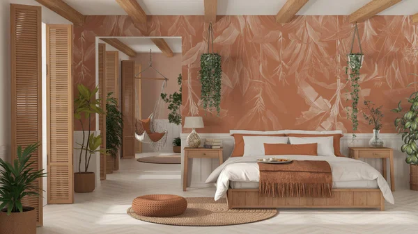 Bohemian Wooden Bedroom Boho Style White Orange Tones Double Bed — Stock Photo, Image