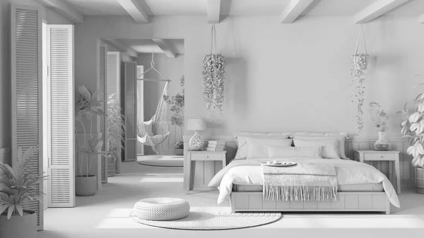 Total White Project Draft Bohemian Wooden Bedroom Boho Style Double — Stok fotoğraf