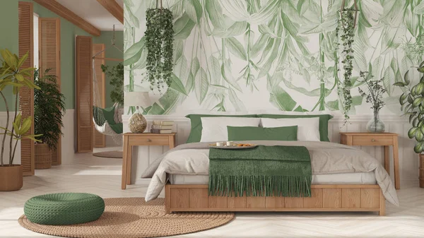 Farmhouse Wooden Bedroom Boho Style White Green Tones Double Bed — Stock Photo, Image