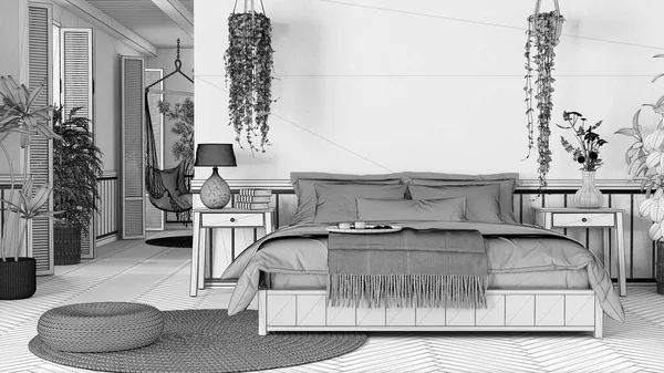 Blaupause Unvollendeter Projektentwurf Bauernhaus Holzschlafzimmer Boho Stil Doppelbett Hängestuhl Und — Stockfoto