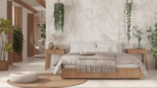 Blurred Background Farmhouse Wooden Bedroom Boho Style Double Bed Hanging — Fotografia de Stock