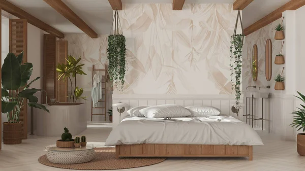 Bohemian Wooden Bedroom Bathroom Boho Style White Beige Tones Bed — 스톡 사진