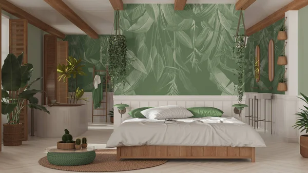 Bohemian Wooden Bedroom Bathroom Boho Style White Green Tones Bed — 图库照片