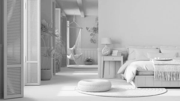 Total White Project Draft Country Wooden Bedroom Close Boho Style — Φωτογραφία Αρχείου