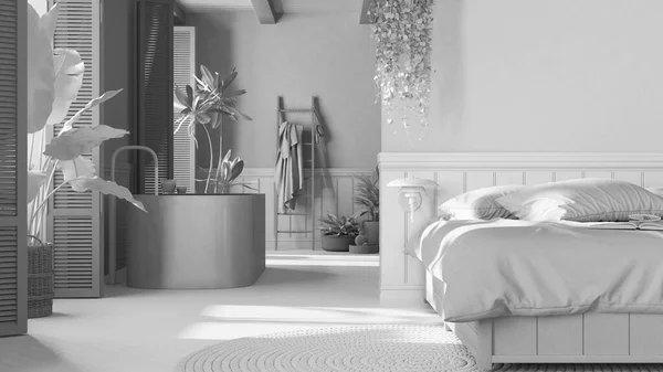 Total White Project Draft Bohemian Wooden Bedroom Bathroom Boho Style — Φωτογραφία Αρχείου