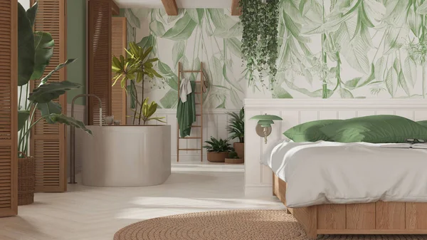 Bohemian Wooden Bedroom Bathroom Boho Style White Green Tones Bed — ストック写真