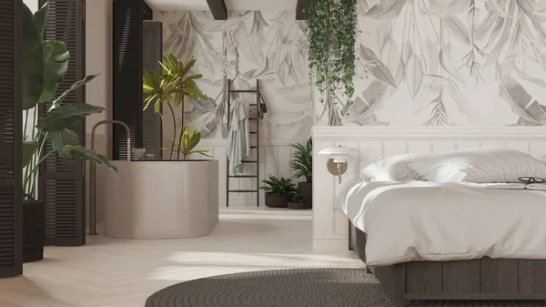 Bohemian Wooden Bedroom Bathroom Boho Style White Dark Tones Bed — Stock Photo, Image