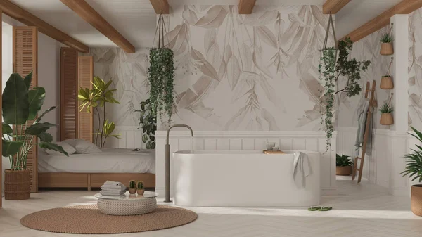 Bohemian Wooden Bathroom Bedroom Boho Style White Beige Tones Bathtub — Zdjęcie stockowe