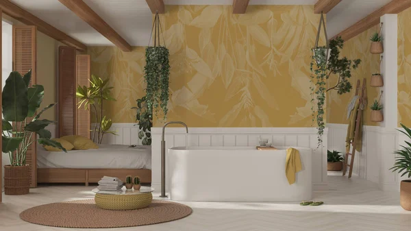 Bohemian Wooden Bathroom Bedroom Boho Style White Yellow Tones Bathtub — 스톡 사진