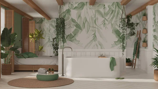 Bohemian Wooden Bathroom Bedroom Boho Style White Green Tones Bathtub — 图库照片