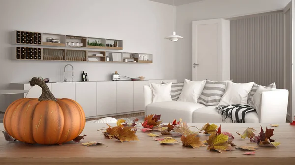 Autumn pumpkins still life on wooden table. Thanksgiving Halloween decoration over interior design scene. Modern living room with sofa and kitchen with shelves