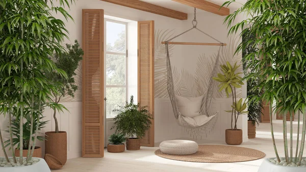 Zen interior with potted bamboo plant, natural interior design concept, Country white living room with rattan potted plants and lace hanging chair. Boho architecture