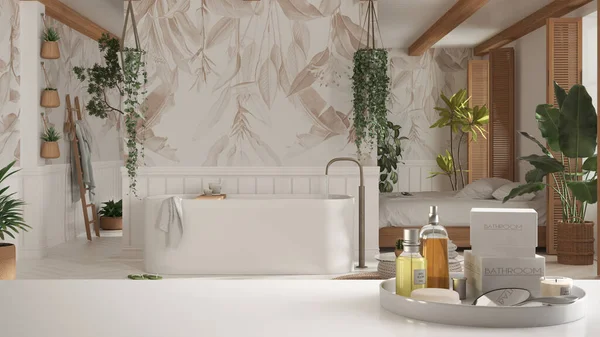 Spa Hotel Bathroom Concept White Table Top Shelf Bathing Accessories — ストック写真