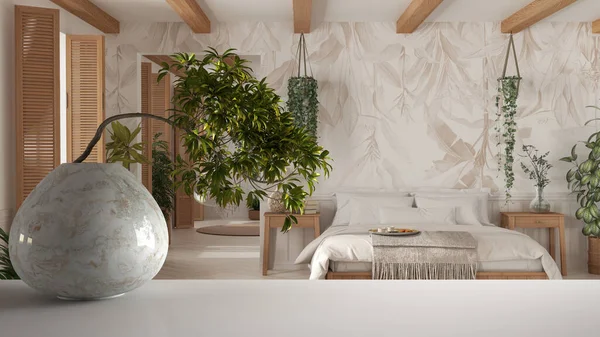 White Mat Table Shelf Marble Vase Potted Bonsai Green Leaves — Φωτογραφία Αρχείου