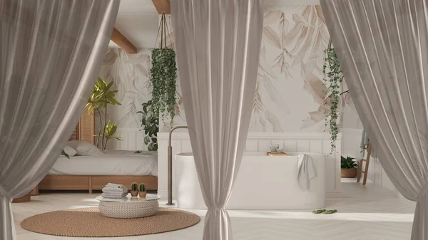 White Openings Curtains Overlay Bohemian Wooden Bathroom Bedroom Boho Style — Stock Photo, Image