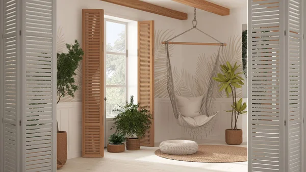Beyaz katlanır kapı kırsal salonun oturma odasında rattan saksı bitkileri ve dantel sallanan sandalye ile açılıyor, boho iç tasarım, mimar tasarımcısı konsepti
