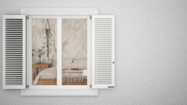 Exterior Plaster Wall White Window Shutters Showing Bohemian Bedroom Boho — 스톡 사진