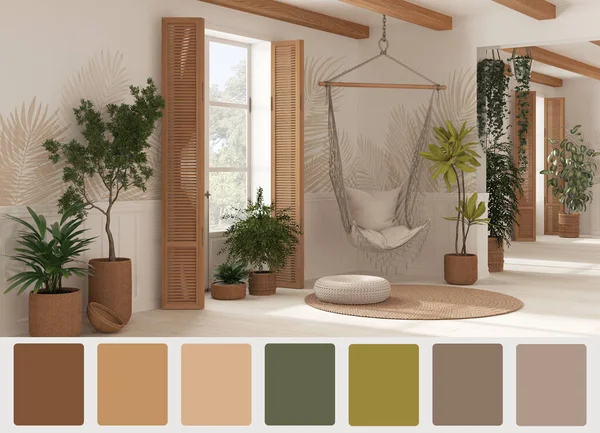 Interior design scene with palette color. Different colors and patterns. Architect and designer concept idea. Country living room with rattan potted plants and lace hanging chair