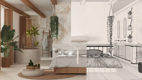 Paint roller painting interior design blueprint sketch background while the space becomes real showing bedroom. Before and after concept, architect designer creative work flow