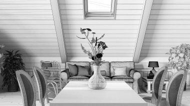 Proje taslağı tamamlanmamış, bohem yemek masası kapanmış, bohem tarzı oturma odası ahşap asma tavanlı kanepe. Saksı bitkileri. Ülke iç tasarımı