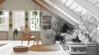 Mimari iç mimar konsepti: elle çizilmiş tamamlanmamış proje gerçek, çiftlik evi asma katı oturma odası boho stilinde. Kanepe ve rattan koltuk, ahşap yan masa