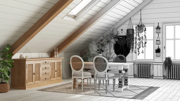 Architect interior designer concept: hand-drawn draft unfinished project that becomes real, farmhouse mezzanine dining room in boho style. Bohemian interior design