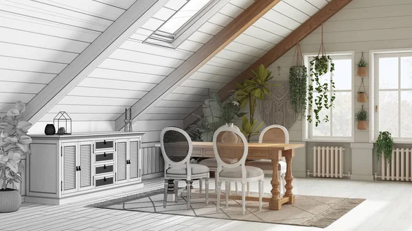 Architect interior designer concept: hand-drawn draft unfinished project that becomes real, farmhouse mezzanine dining room in boho style. Bohemian interior design