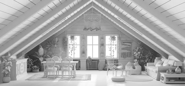 Total White Project Draft Mezzanine Living Dining Room Boho Style — Fotografia de Stock