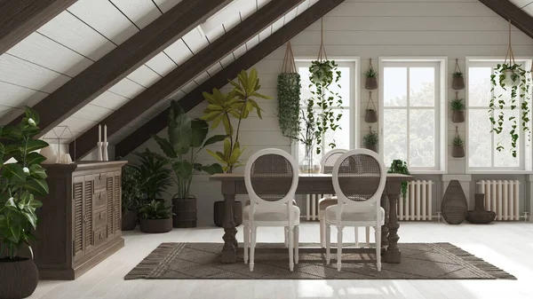 Bohemian mezzanine living room in boho style. Dining table with chiars and wooden dark sideboard with gabled ceiling. Potted plants and decors. Mediterranean interior design