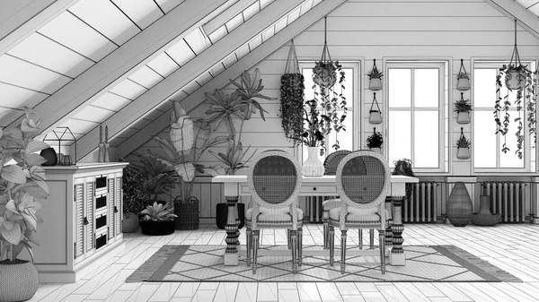 Blueprint Unfinished Project Draft Bohemian Mezzanine Living Room Boho Style — стоковое фото